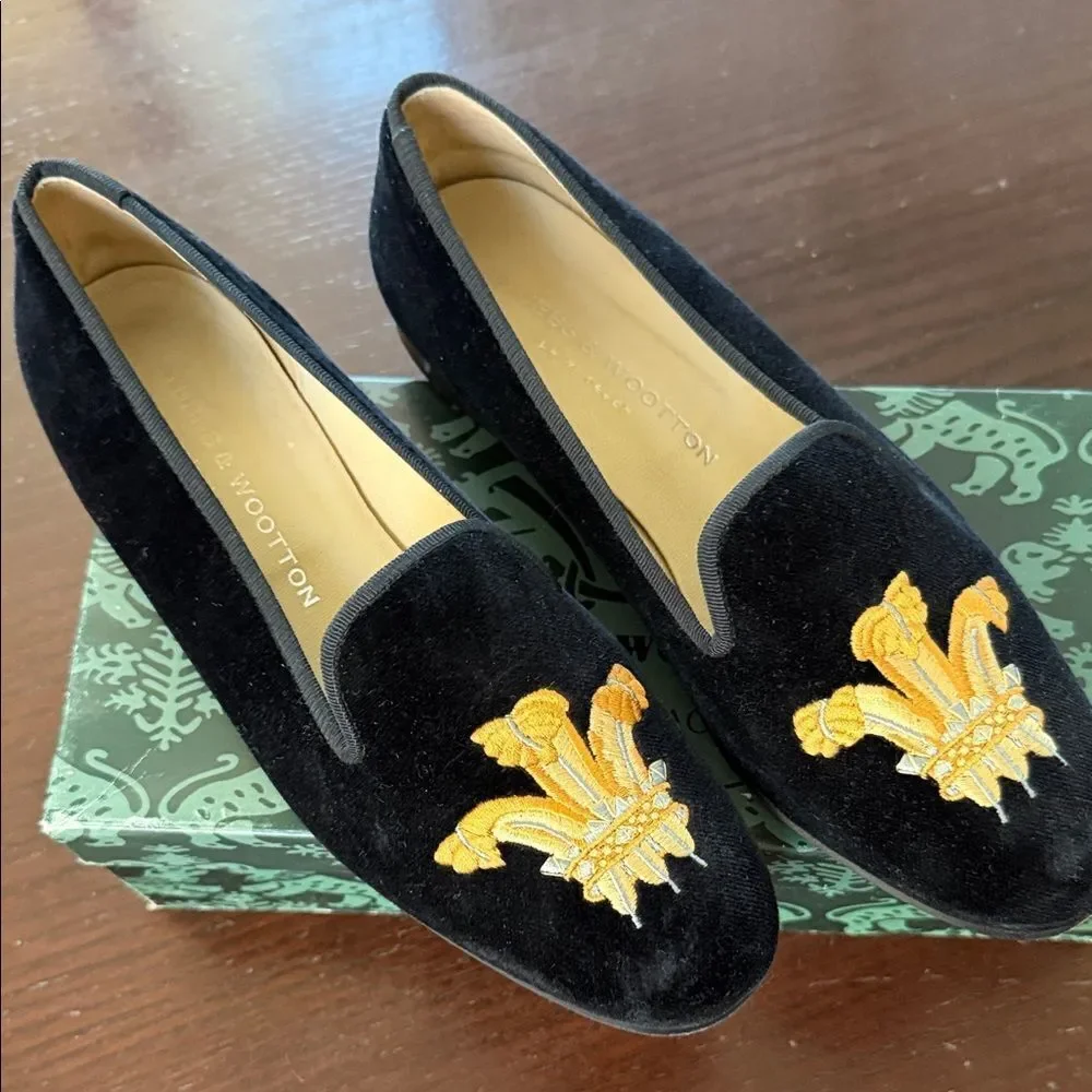 Stubbs & Wootton Black Velvet Loafers with Gold Fleur-de-Lis